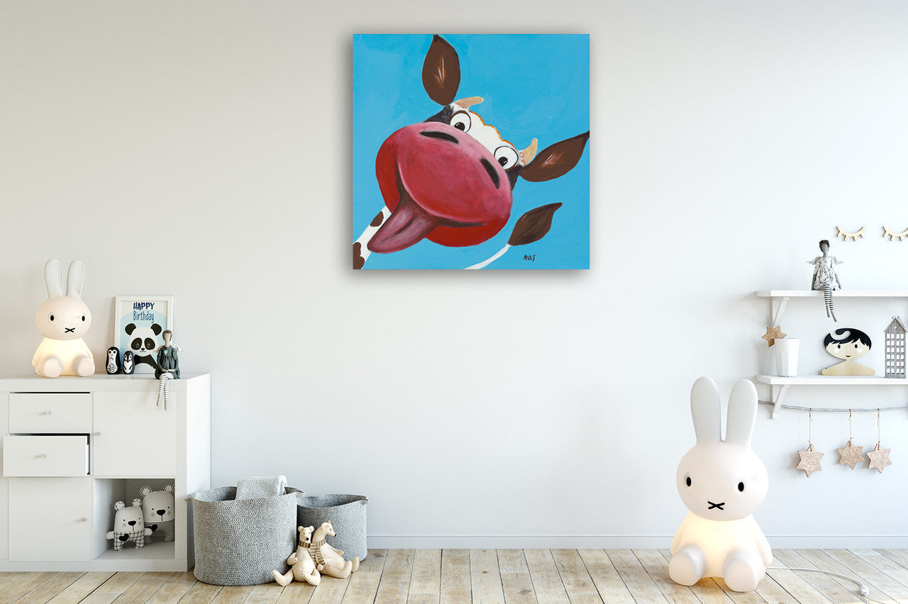 Blue Cow Wall Art Print on the wall