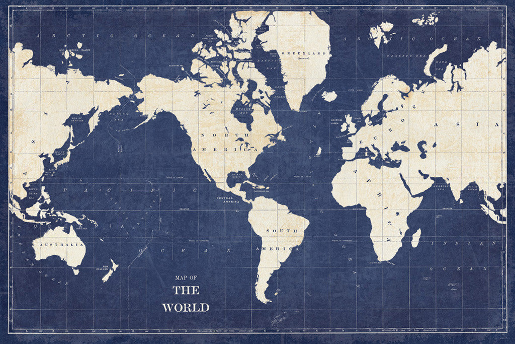 Blueprint World Map Wall Art Print 