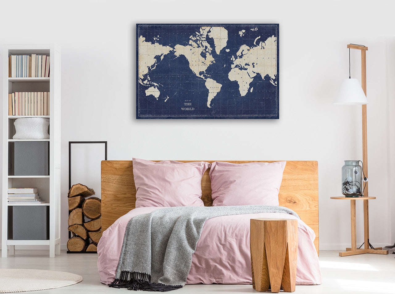 Blueprint World Map Wall Art Print  on the wall