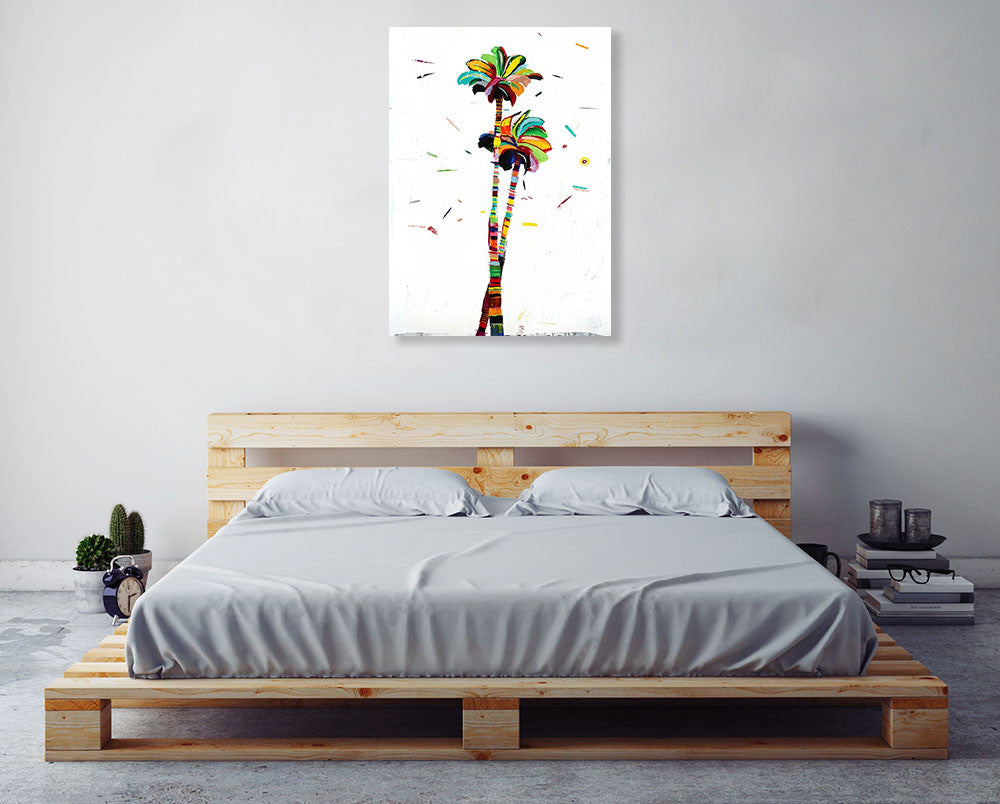 Bright Coconut Palm Wall Art Print on the wall