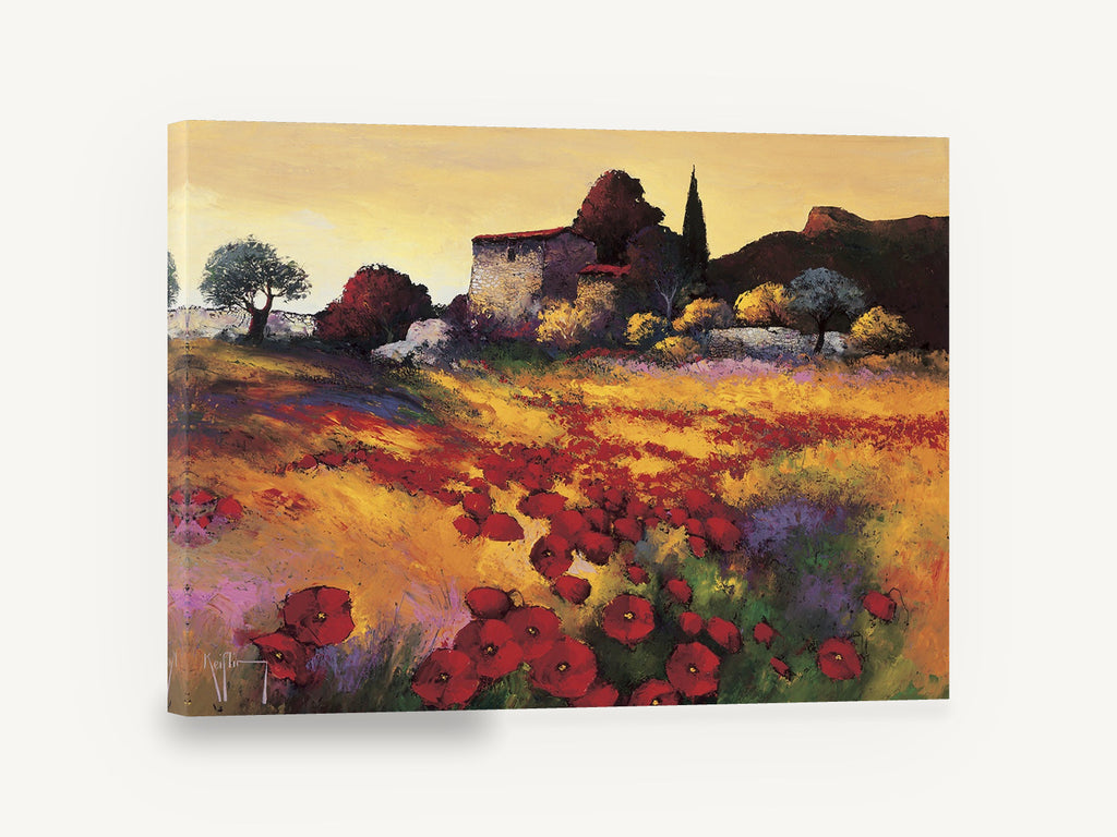 Poppies at Dusk, retro poppy field farmhouse landscape, stretched canvas wall art print ready to hang