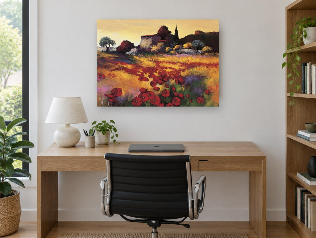 Poppies at Dusk vintage canvas print on the wall of a study