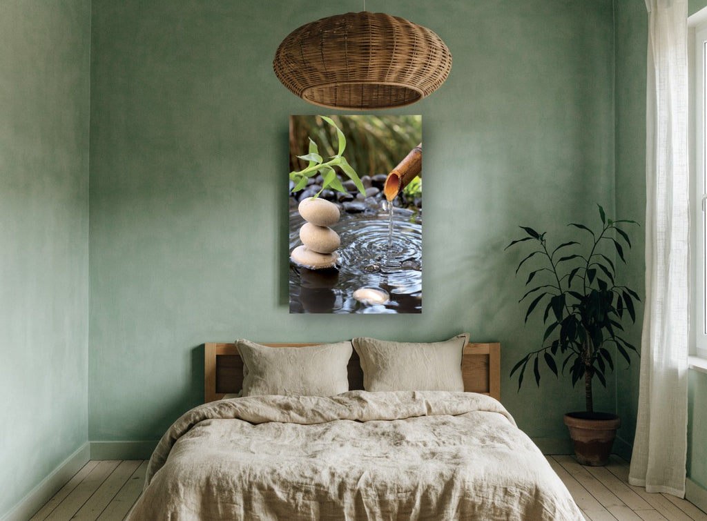 Stacked Stones Water Spout floral canvas print on the wall of a bedroom