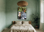 Stacked Stones Water Spout floral canvas print on the wall of a bedroom