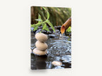 Stacked Stones Water Spout, stacked zen stones bamboo fountain photograph, floral canvas wall art print ready to hang