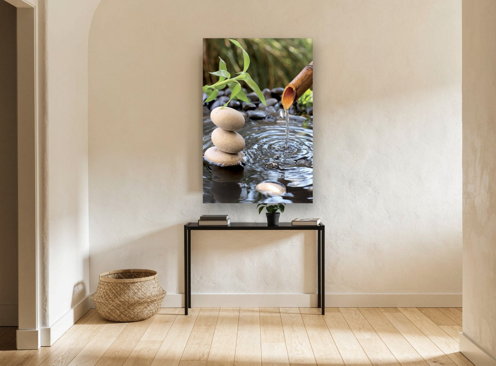 Stacked Stones Water Spout floral canvas print on the wall of a hallway