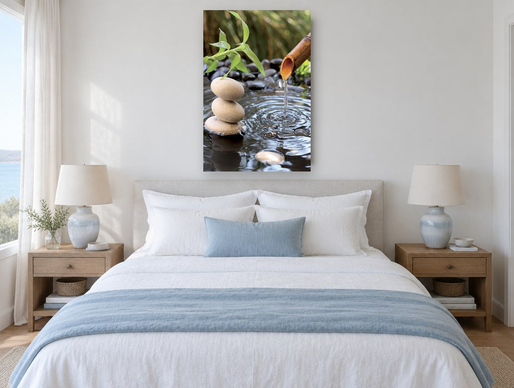 Stacked Stones Water Spout floral canvas print on the wall of a coastal bedroom