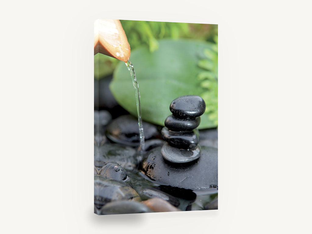 Stacked Stones Trickle, stacked black stones water photography, floral canvas wall art print ready to hang