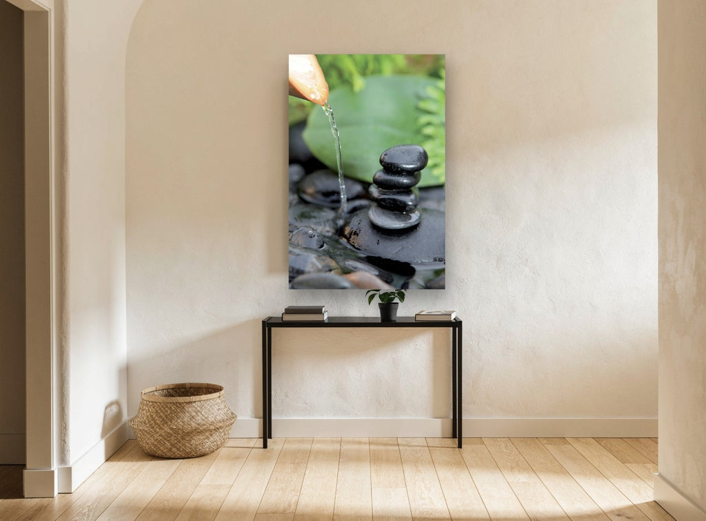 Stacked Stones Trickle floral canvas print on the wall of a hallway