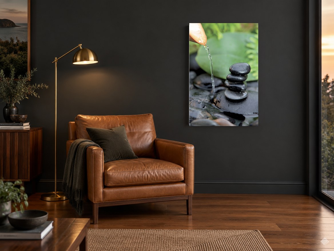 Stacked Stones Trickle floral canvas print on the wall of a charcoal living room