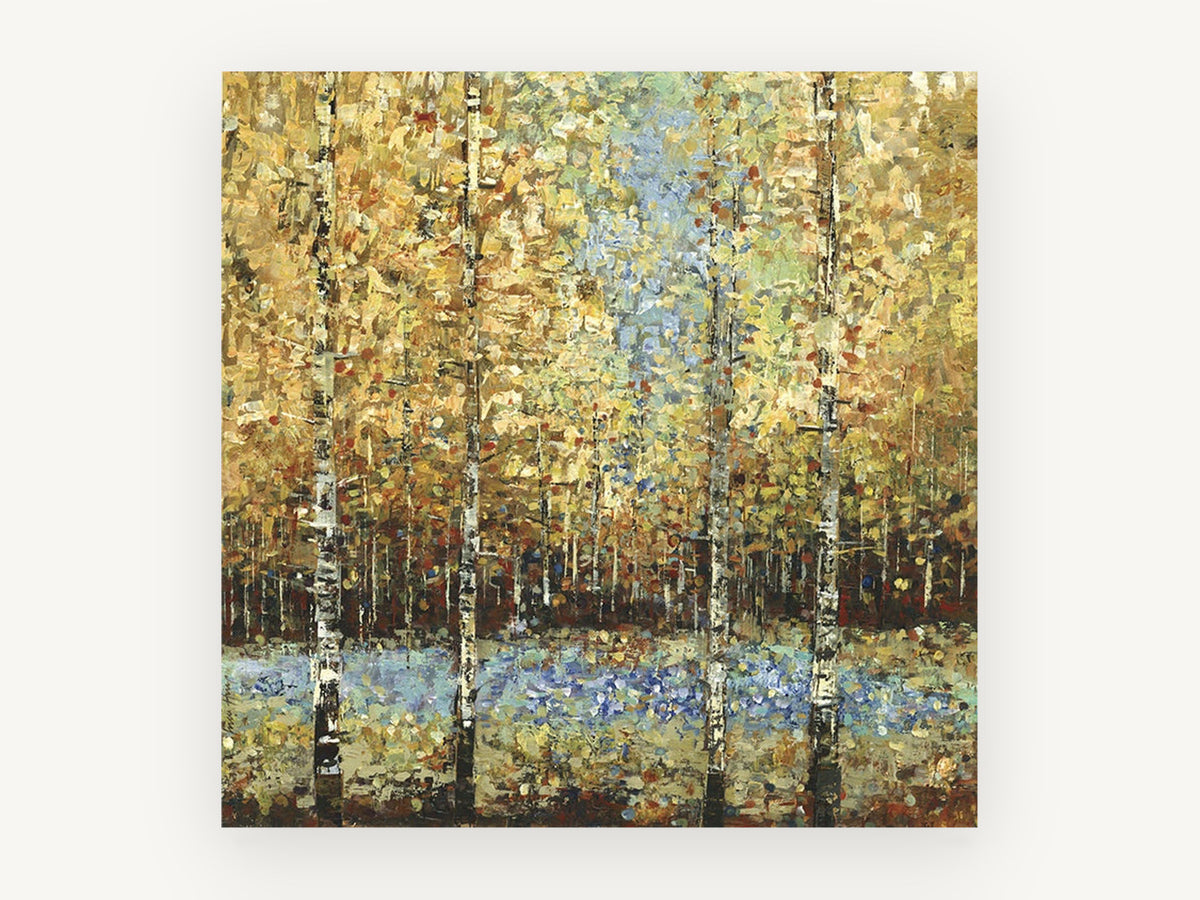 Golden Birch Clearing, golden birch forest abstract landscape, landscape canvas wall art print, front view