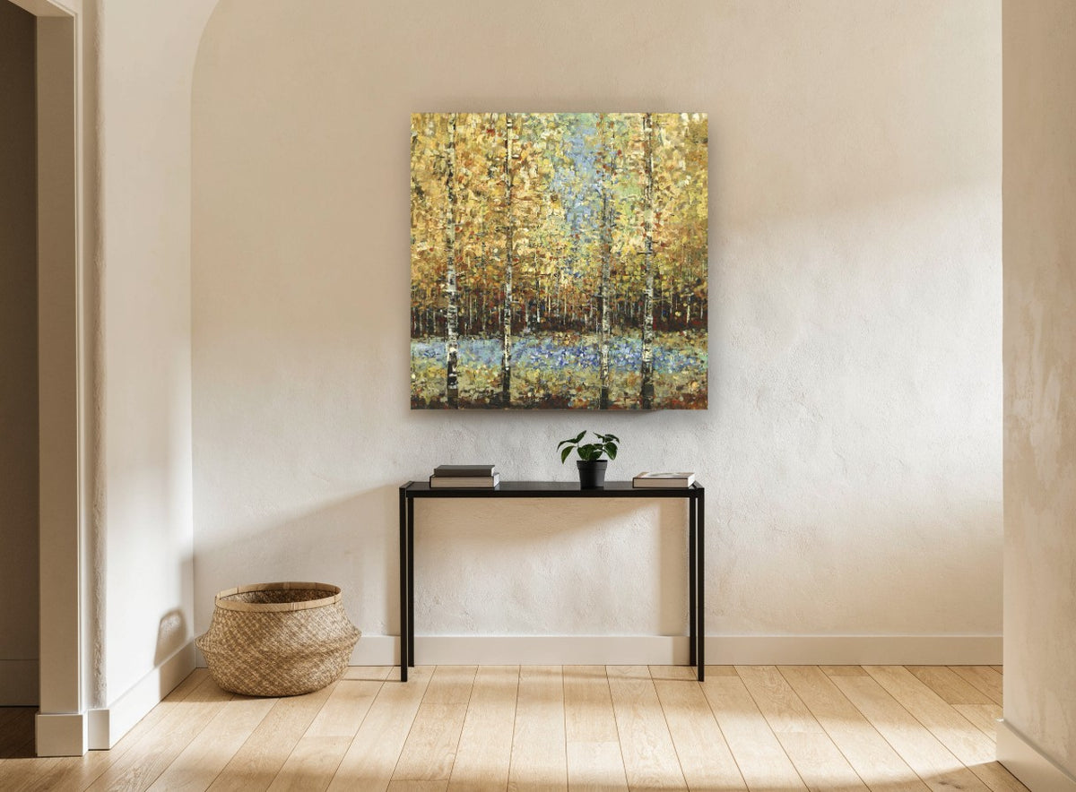 Golden Birch Clearing landscape canvas print on the wall of a hallway