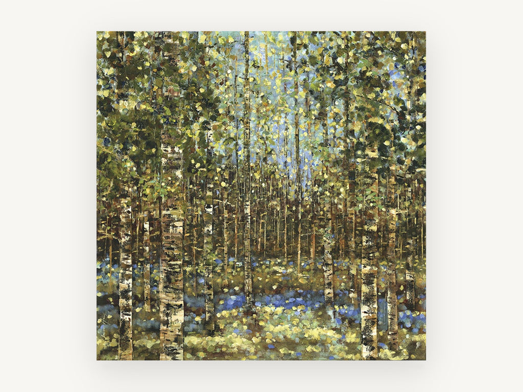 Birch Grove Bluebells, birch forest bluebells painterly landscape, landscape canvas wall art print, front view