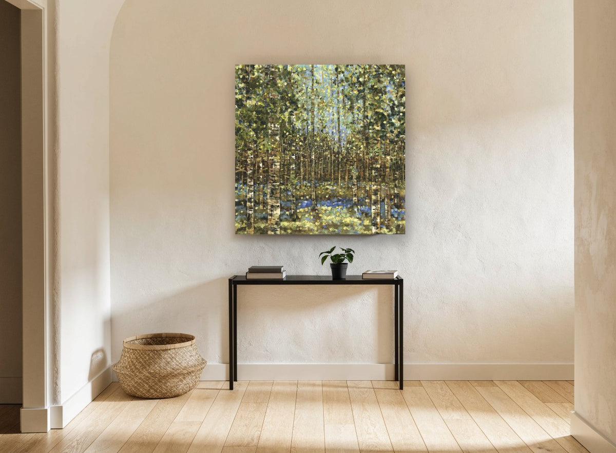 Birch Grove Bluebells landscape canvas print on the wall of a hallway