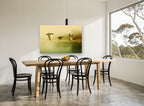 Mallards in Morning Mist landscape canvas print on the wall of a dining room