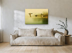 Mallards in Morning Mist landscape canvas print on the wall of a living room