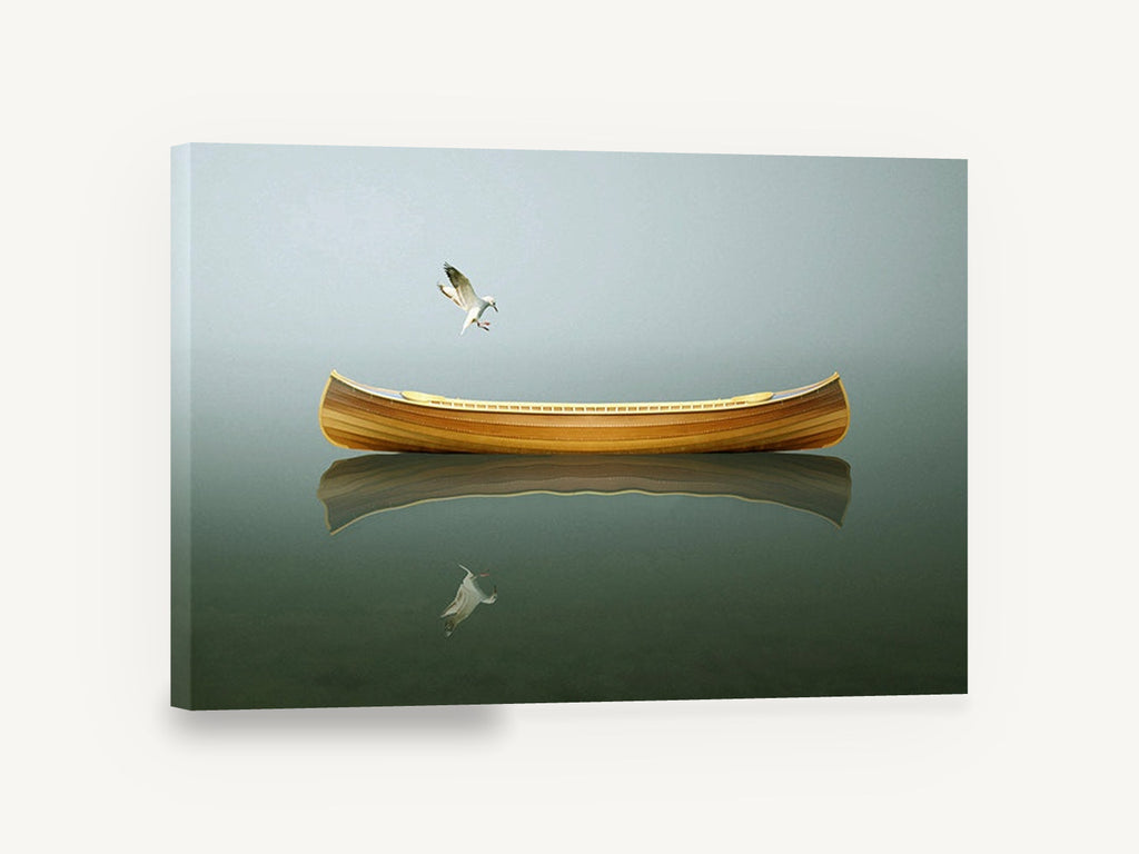 Canoe and Gull Calm, wooden canoe seagull misty reflection, coastal canvas wall art print ready to hang