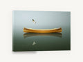 Canoe and Gull Calm, wooden canoe seagull misty reflection, coastal canvas wall art print ready to hang