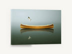 Canoe and Gull Calm, wooden canoe seagull misty reflection, coastal canvas wall art print ready to hang