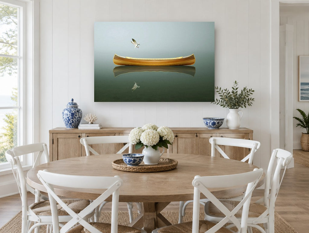 Canoe and Gull Calm coastal canvas print on the wall of a Hamptons dining room