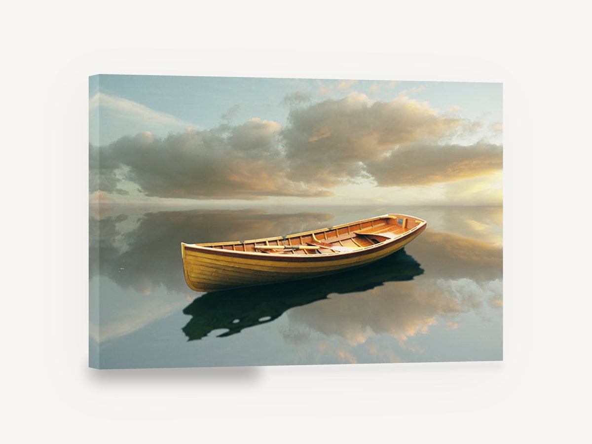 Still Water Rowboat, wooden rowboat calm water reflection, coastal canvas wall art print ready to hang