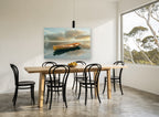 Still Water Rowboat coastal canvas print on the wall of a dining room