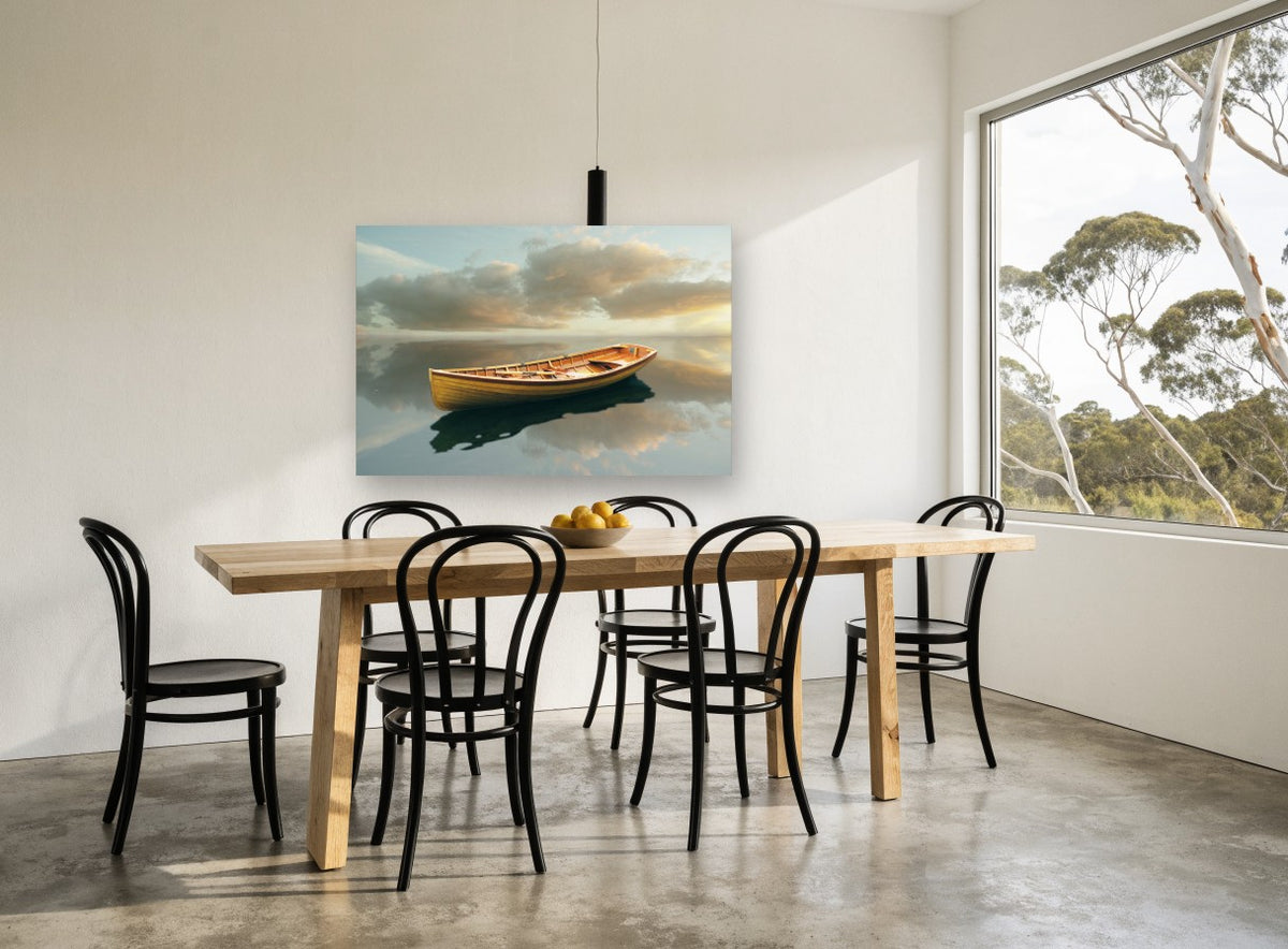 Still Water Rowboat coastal canvas print on the wall of a dining room