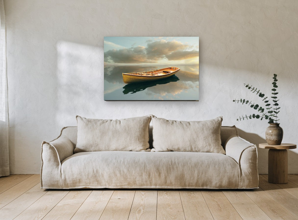 Still Water Rowboat coastal canvas print on the wall of a living room
