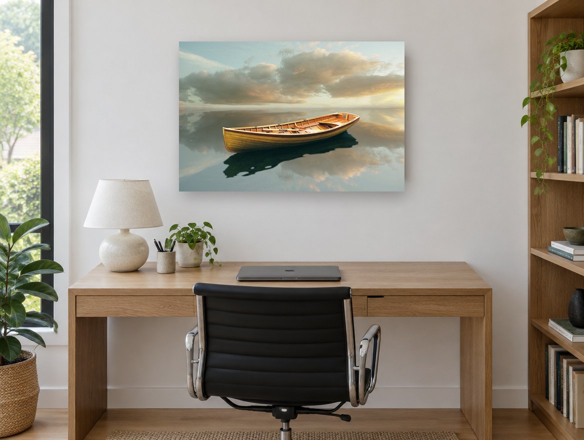 Still Water Rowboat coastal canvas print on the wall of a study