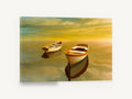 Twin Dinghies at Dusk, two rowing boats golden sunset reflection, coastal canvas wall art print ready to hang