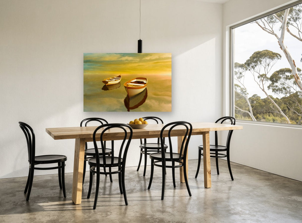 Twin Dinghies at Dusk coastal canvas print on the wall of a dining room