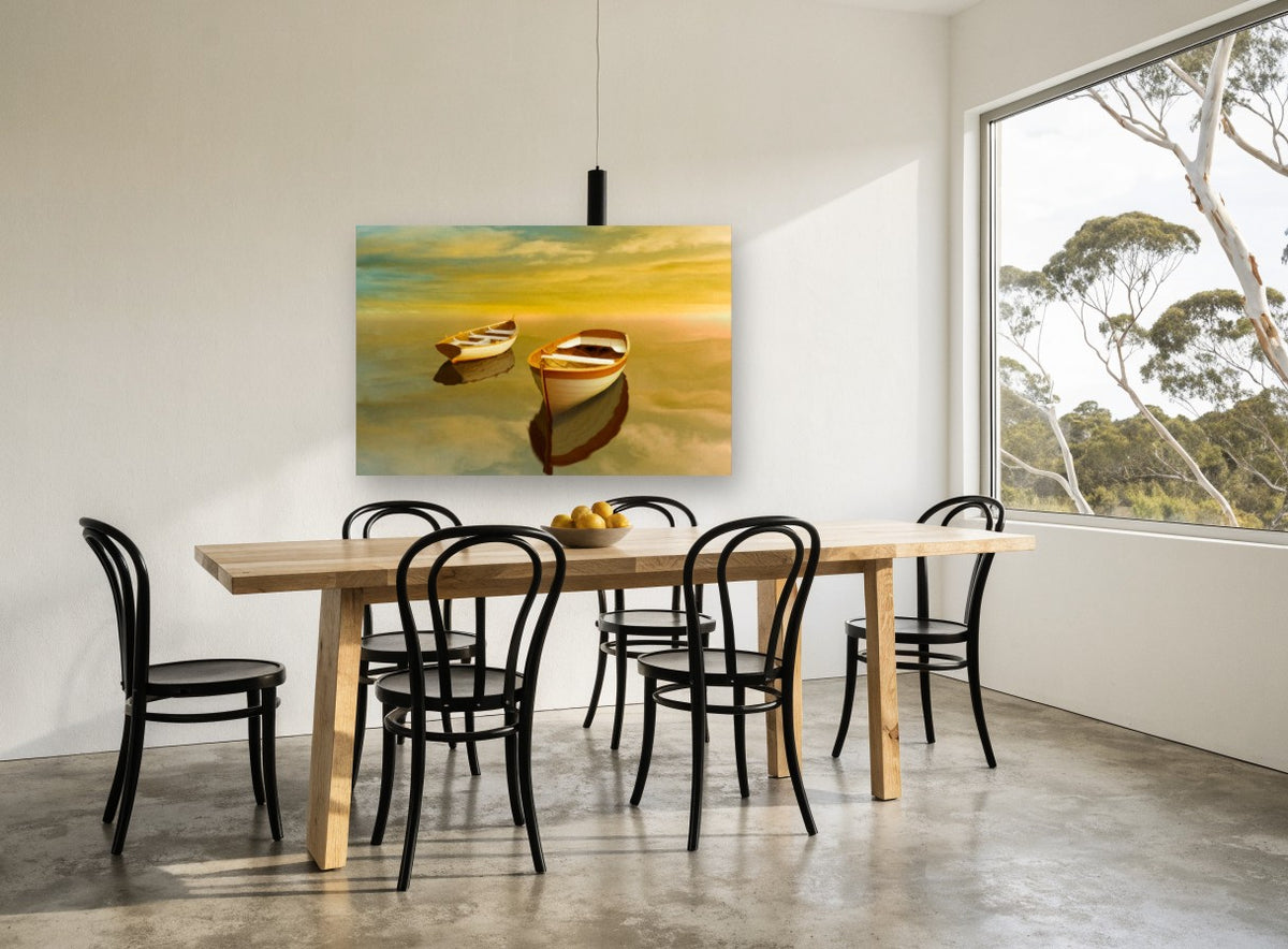 Twin Dinghies at Dusk coastal canvas print on the wall of a dining room