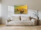 Twin Dinghies at Dusk coastal canvas print on the wall of a living room