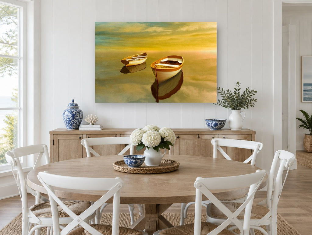 Twin Dinghies at Dusk coastal canvas print on the wall of a Hamptons dining room