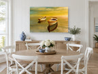 Twin Dinghies at Dusk coastal canvas print on the wall of a Hamptons dining room