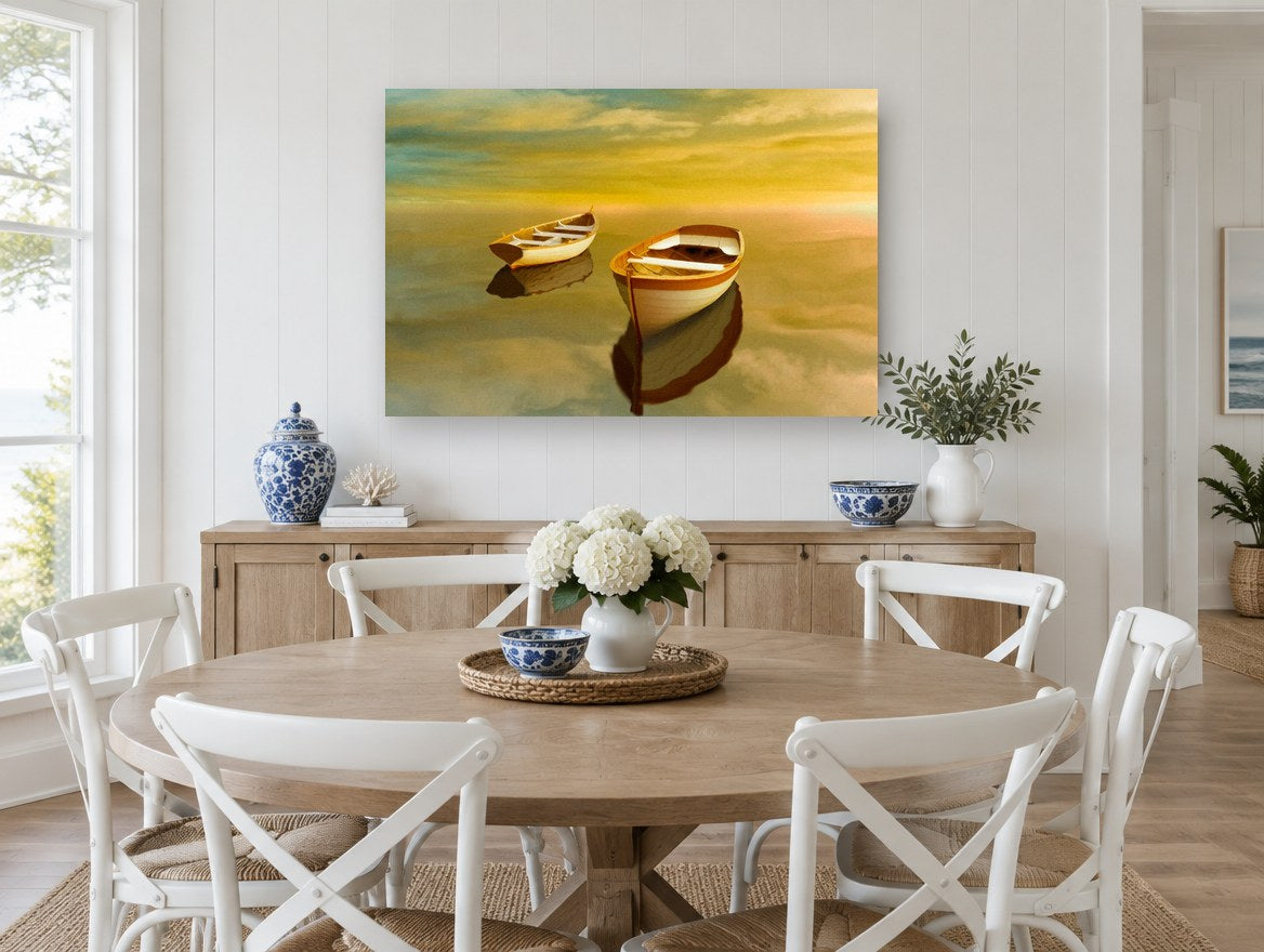 Twin Dinghies at Dusk coastal canvas print on the wall of a Hamptons dining room