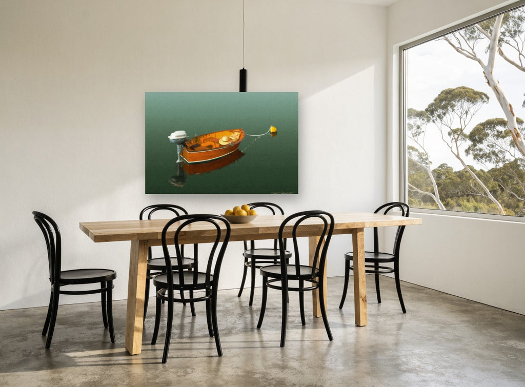 Moored Timber Dinghy coastal canvas print on the wall of a dining room