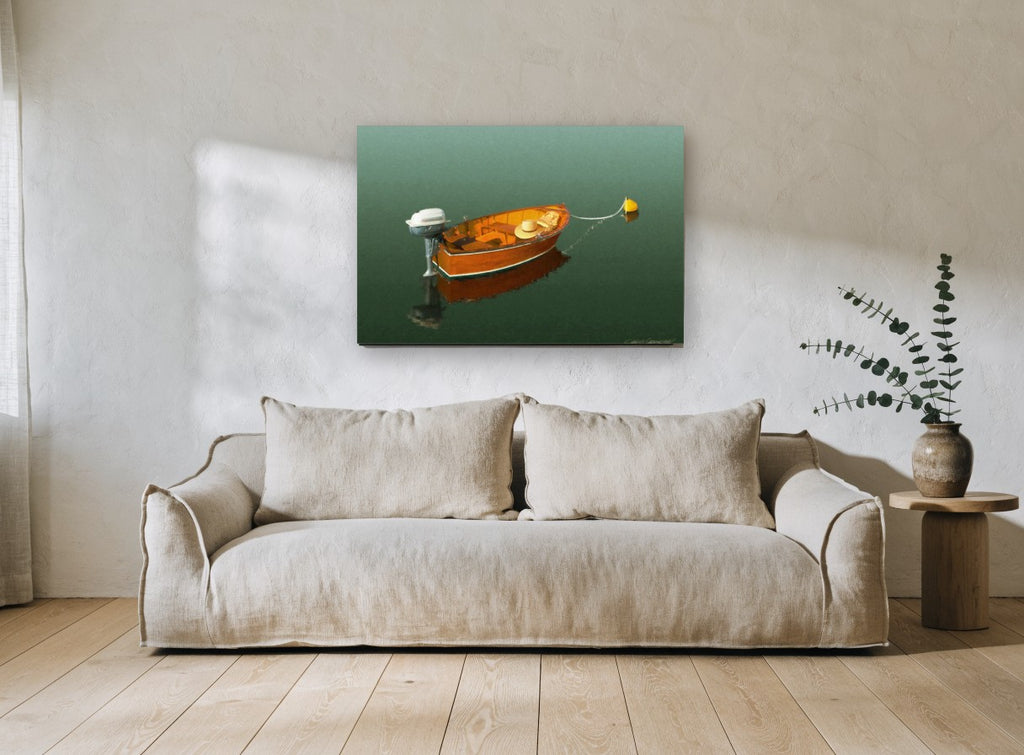 Moored Timber Dinghy coastal canvas print on the wall of a living room