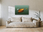 Moored Timber Dinghy coastal canvas print on the wall of a living room