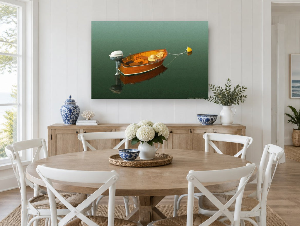 Moored Timber Dinghy coastal canvas print on the wall of a Hamptons dining room