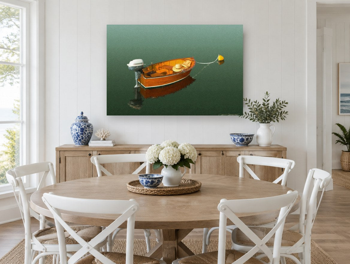 Moored Timber Dinghy coastal canvas print on the wall of a Hamptons dining room
