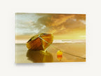 Golden Moored Dinghy, moored wooden boat beach sunset, coastal canvas wall art print ready to hang