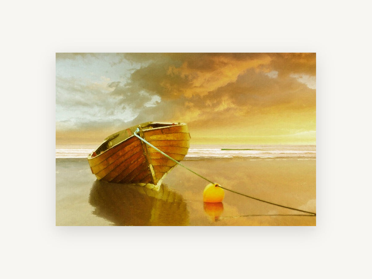 Golden Moored Dinghy, coastal canvas wall art print, front view