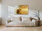 Golden Moored Dinghy coastal canvas print on the wall of a living room