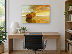 Golden Moored Dinghy coastal canvas print on the wall of a study