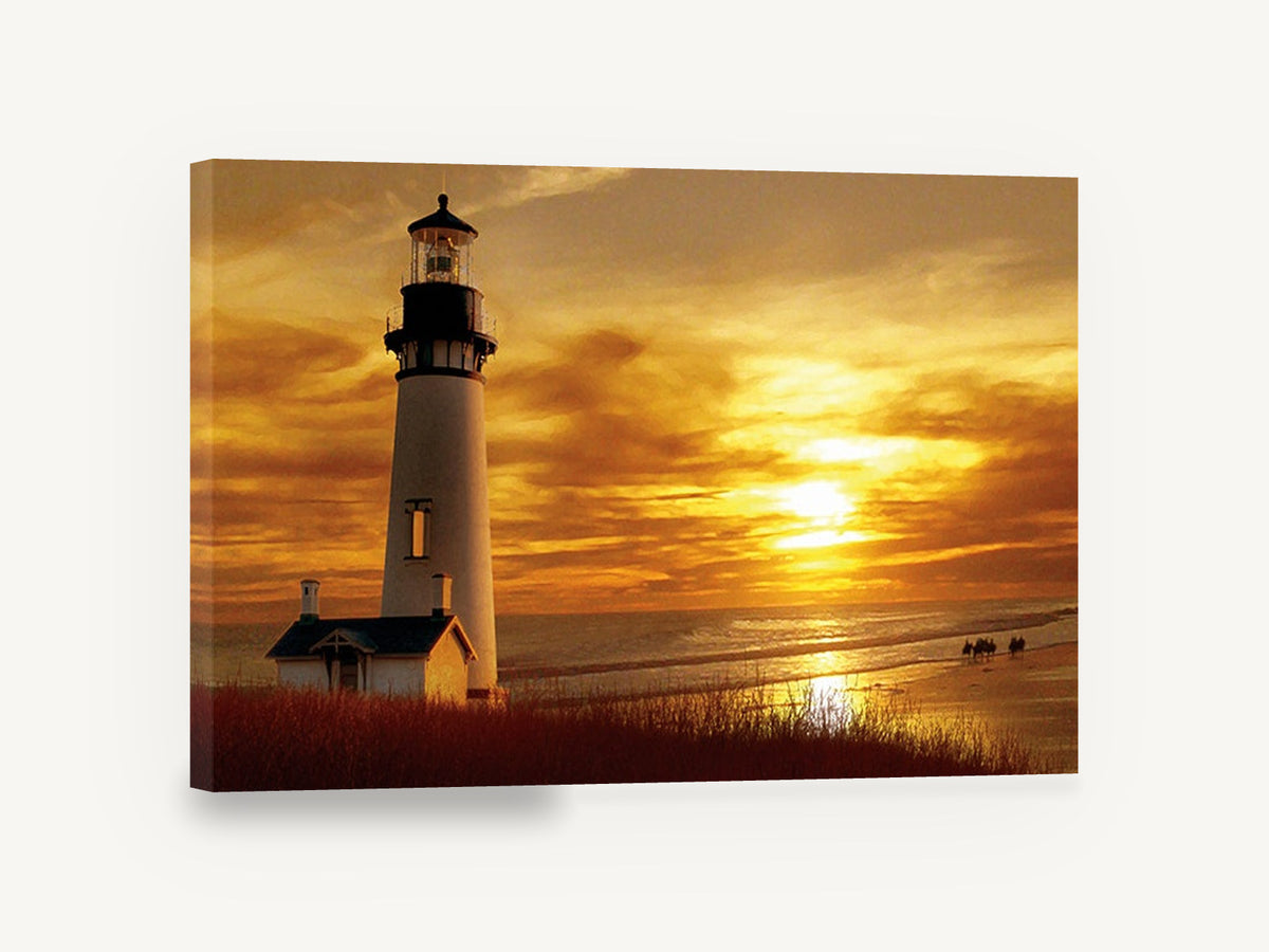 Golden Lighthouse Dusk, lighthouse at sunset beach photograph, coastal canvas wall art print ready to hang