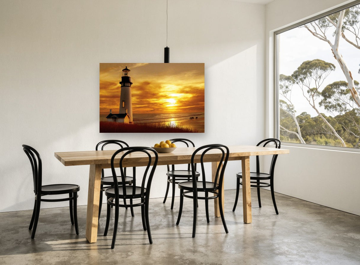 Golden Lighthouse Dusk coastal canvas print on the wall of a dining room
