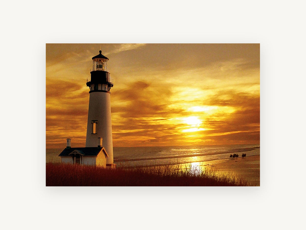 Golden Lighthouse Dusk, coastal canvas wall art print, front view