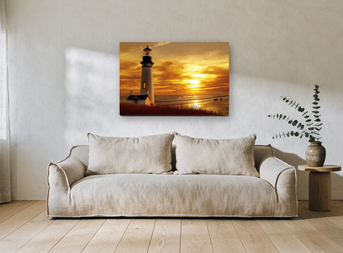 Golden Lighthouse Dusk coastal canvas print on the wall of a living room