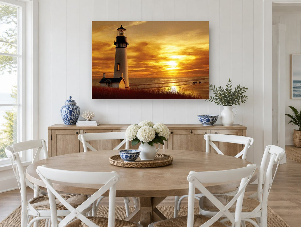 Golden Lighthouse Dusk coastal canvas print on the wall of a Hamptons dining room